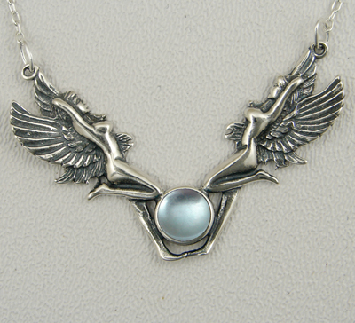 Sterling Silver Double Fairies Necklace With Blue Topaz